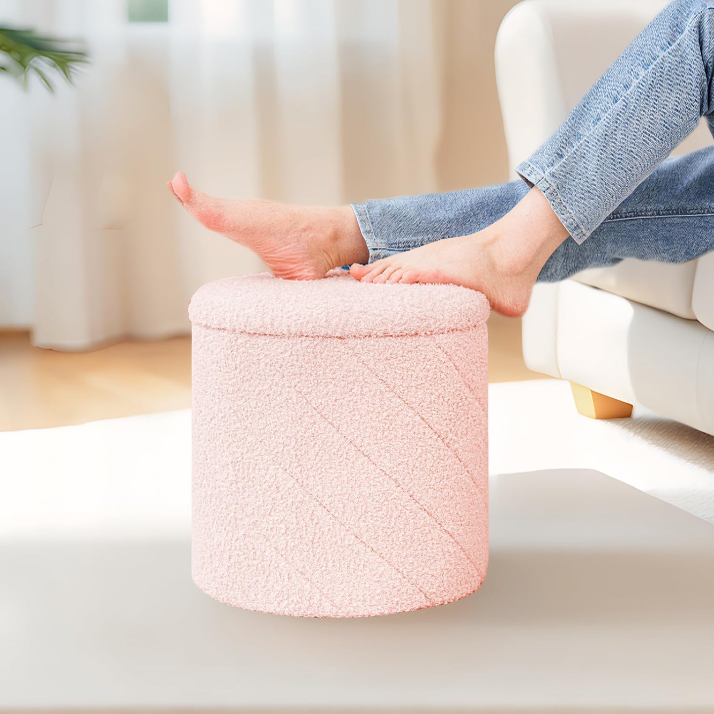 PINPLUS Round Ottoman Storage Box, Folding Stool, Pink, 33x33x35 cm
