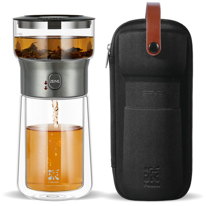 ZENS Modern Solo Tea Infuser Teapot, Smart One Touch Drip Tea Pot for Loose Tea Diffusers, Small Glass Gongfu Magic Teapot with 270ml Insulated Cup