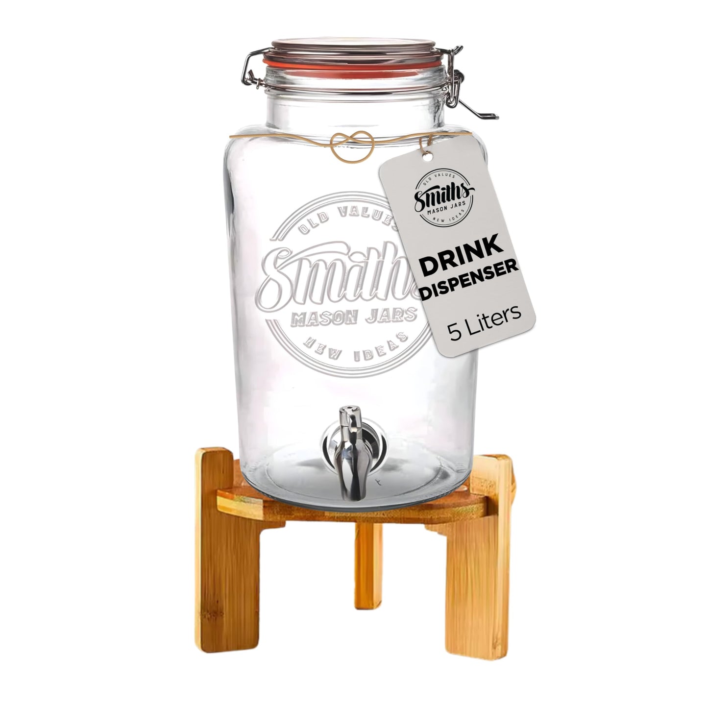 Smith's Mason Jars 5-Litre (169oz) Drink or Water Dispenser with Stainless Steel Spigot(Tap), Removable Mesh Filters and Wooden Stand - Ideal for