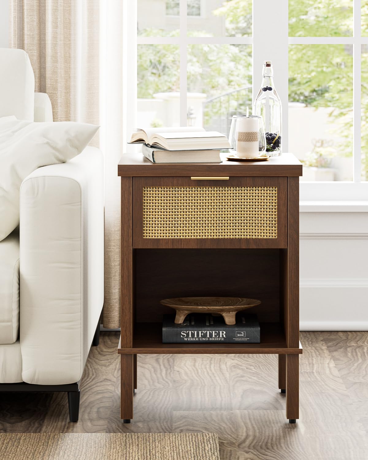 Apetaccat Rattan Bedside Table, Side Table with Open Storage Shelf, Walnut