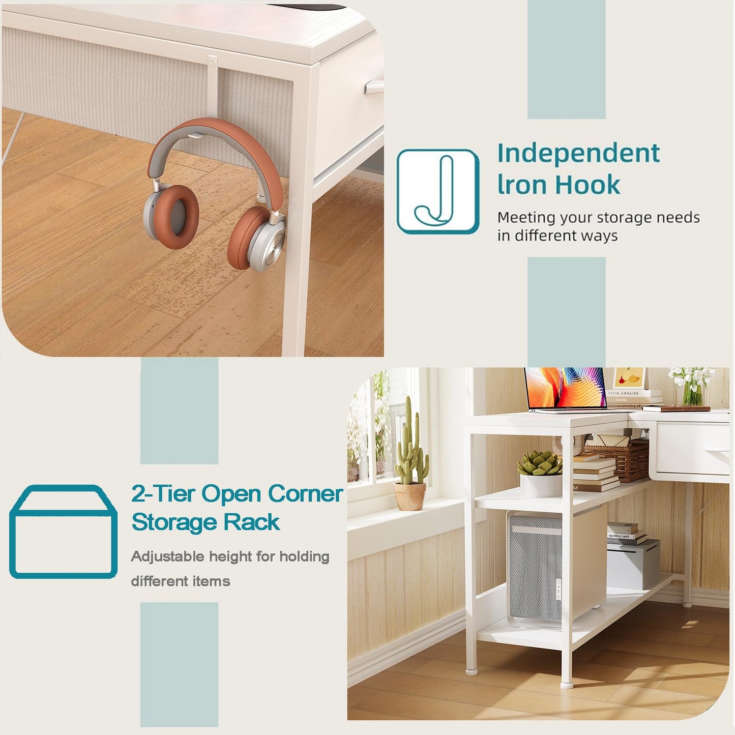 CAIYUN L Shaped Computer Desk with 2 Drawers, 100CM Office Corner Desk with 2 Storage Shelves, Working Table Study Table for Home Office Desk, White