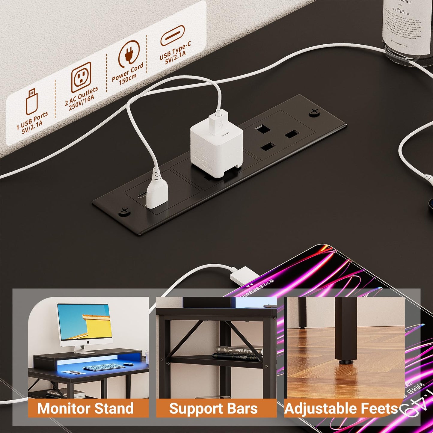 iSunirm L Shaped Desk, Gaming Desk with LED Lights, Reversible Computer Desk with Storage Shelves, Corner Table with Monitor Stand for Home