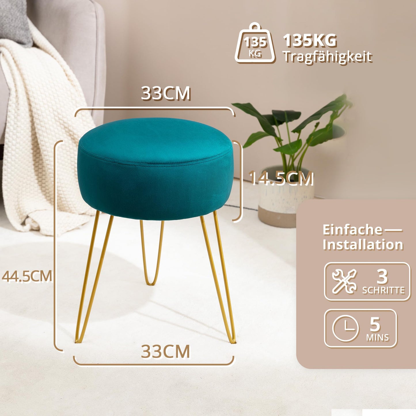 LUE BONA Velvet Round Stool Dressing Table Stool, Makeup Vanity Stool, Ottoman Padded Stool Metal Legs Support, Turquoise Blue