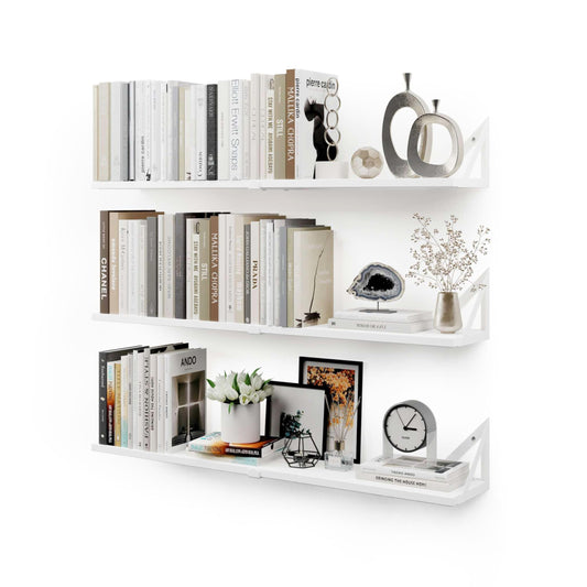 CASSA Wall Mounted Floating Book Shelves for Wall Set of 3, Shelf Bookshelf for Bedroom Living Room Office Bathroom Kitchen Rustic Wood with Metal