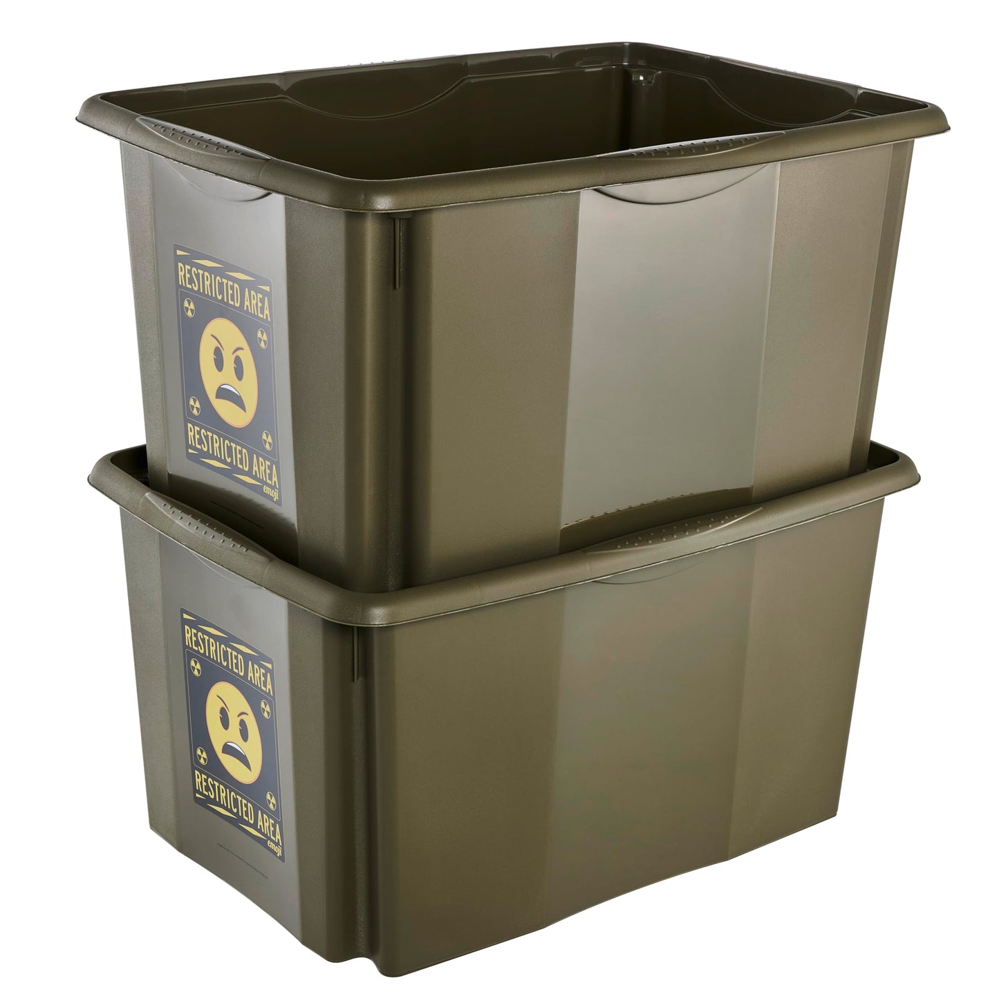 keeeper karolina storage box with lid, 45 l, stackable and nestable, Emoji Danger design, For children, Olive green (Olive)