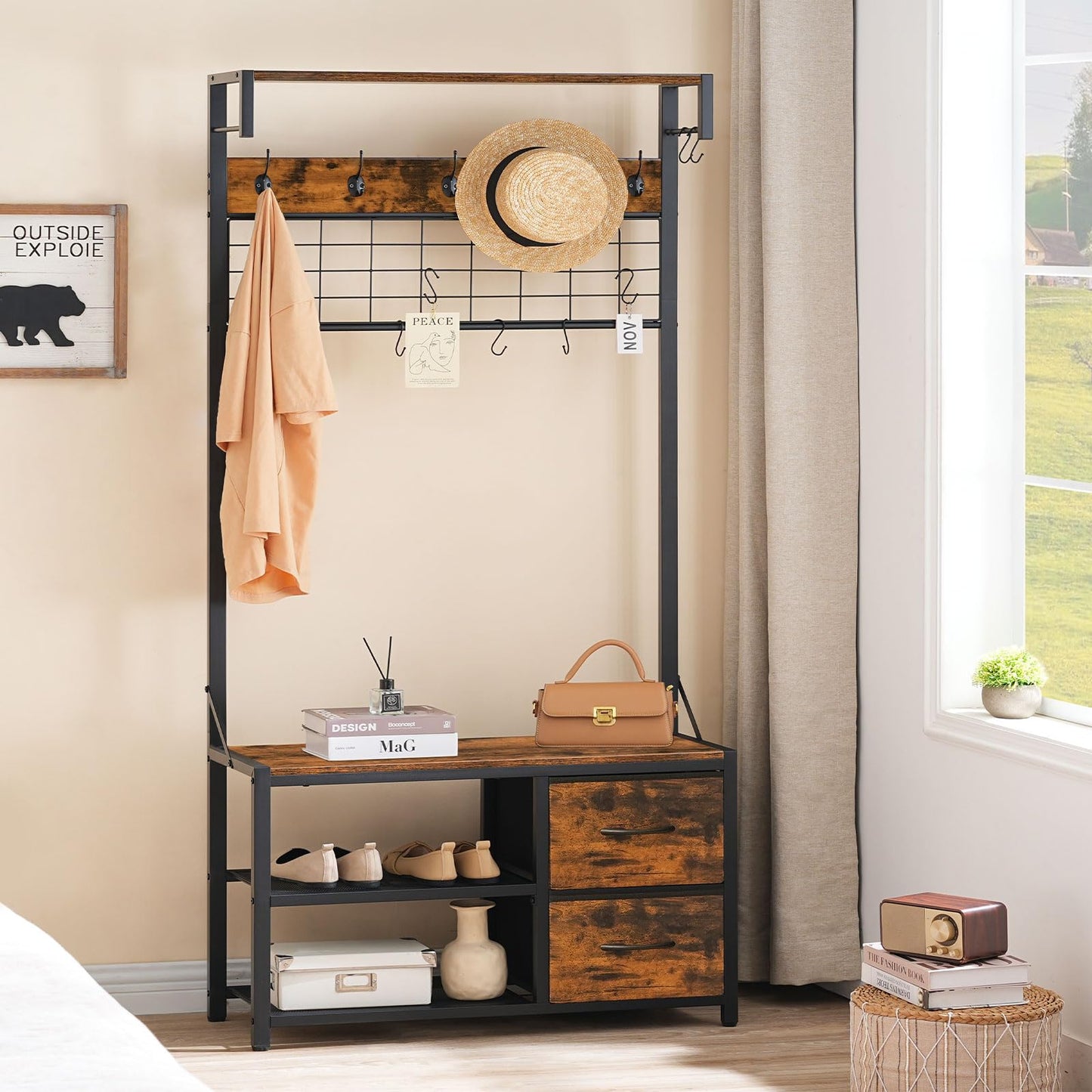 HOOBRO Coat Rack with Shoe Storage Bench, Coat Stand with Hooks and 2 Drawers, 4-in-1 Design, Coat and Shoe Rack, for Hallway, Entryway, Living Room