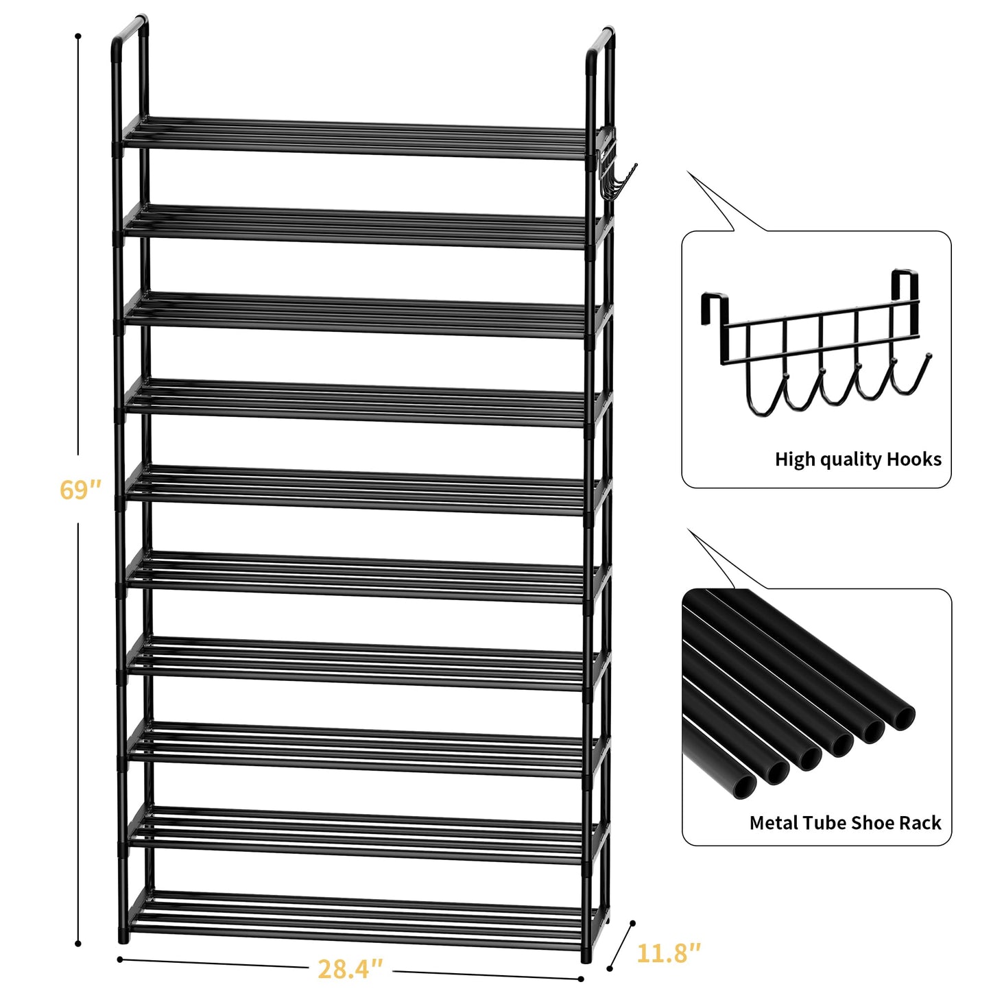 SPUSEN Metal Shoe Rack, 10 Tier Shoe Storage Organizer with Hooks,Fit 40-45Pairs Shoes,Metal Tall Shoe Shelf for