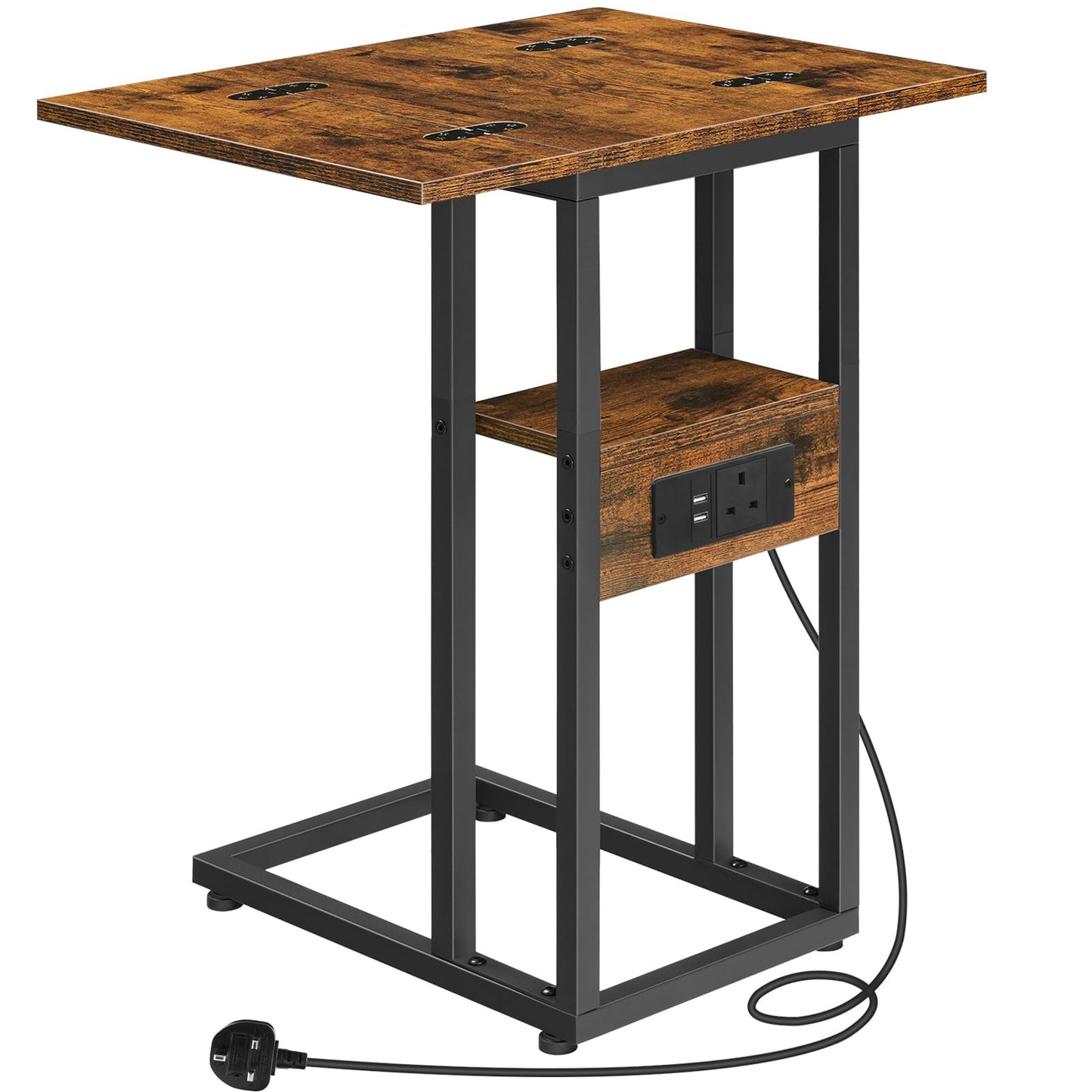 HOOBRO Foldable Side Table, Bedside Table with Charging Station, C Shaped Side Table with Storage Shelf