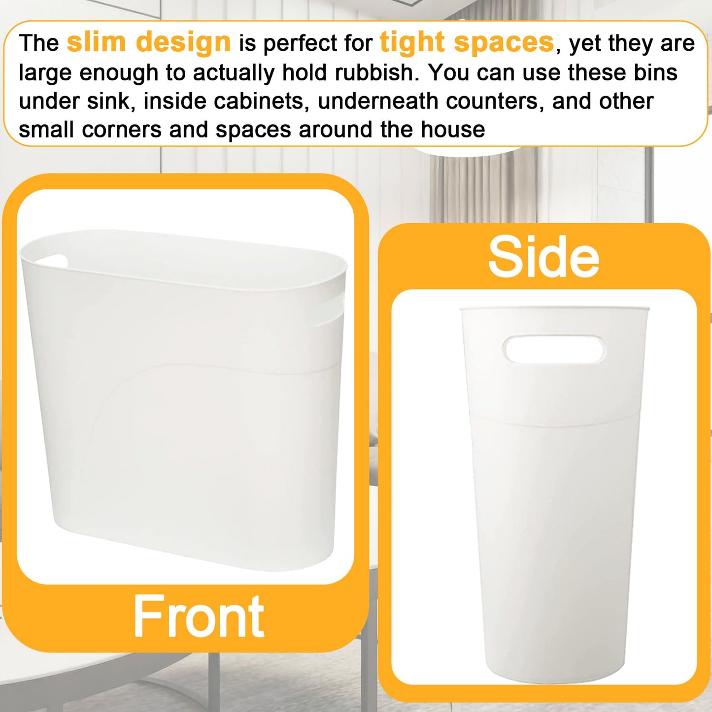 LOSYHU 2 Pack Plastic Trash Can 12L Slim Waste Basket Plastic Bedroom Wastebasket Small Office Bin with Handle Reusable Slim Garbage Container Bin