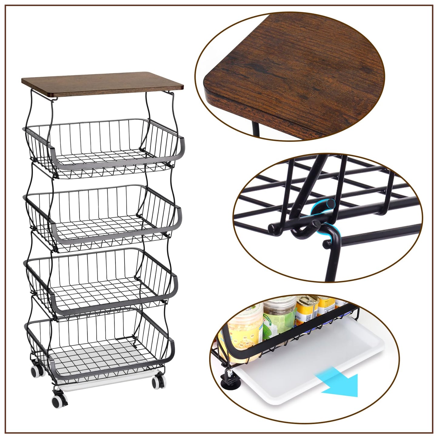 Wuciray Vegetable Rack For Kitchen On Wheels Vegetable Basket With Suction Cups Fruit Storage Baskets With Worktop Vegetable Trolley On Wheels Fruit