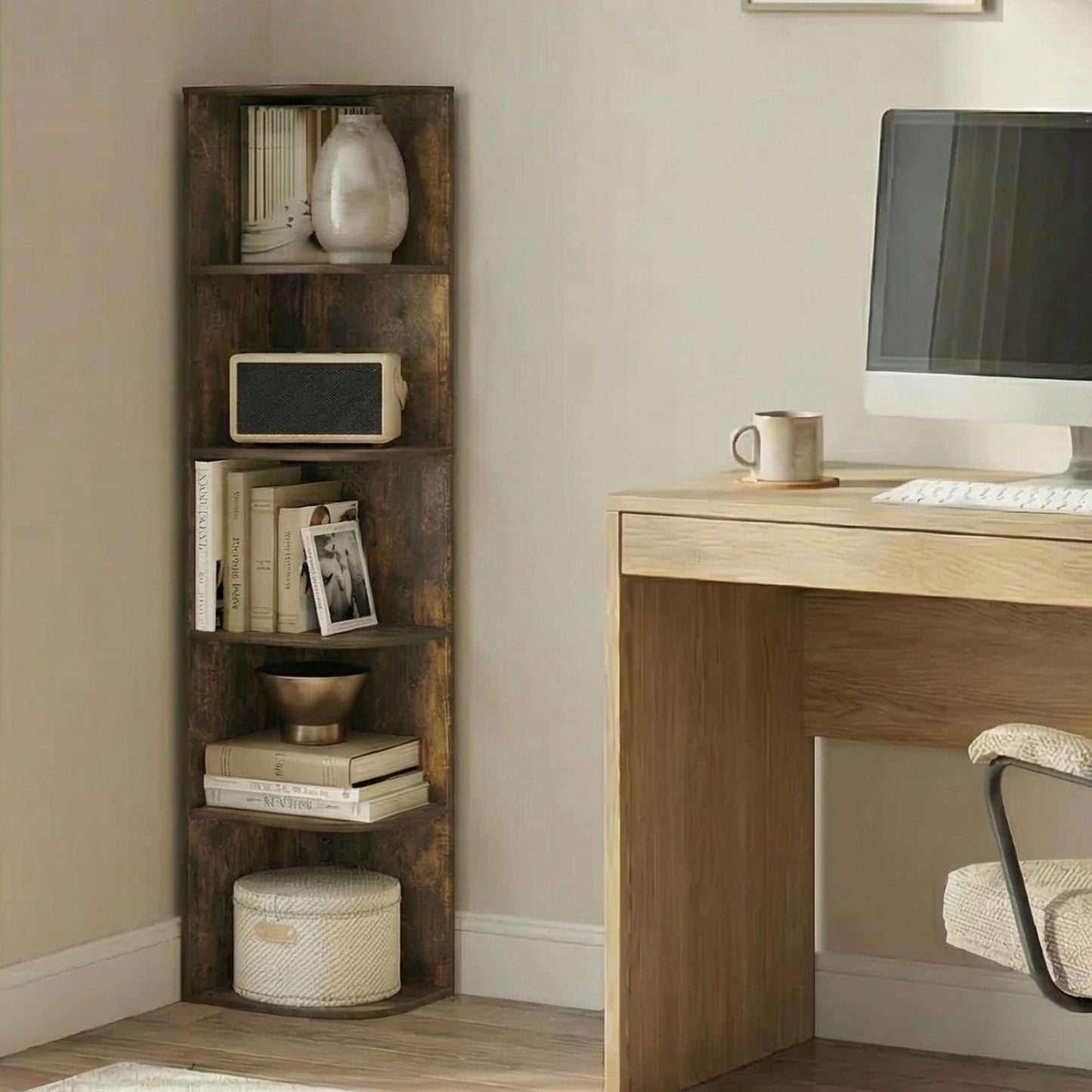 Furinno PASIR Book Shelf, 5-Tier Corner Bookshelf with Open Shelf, Standing Bookcase, 23.6 x 30.5 x 131.3 cm, for Organization and Storage
