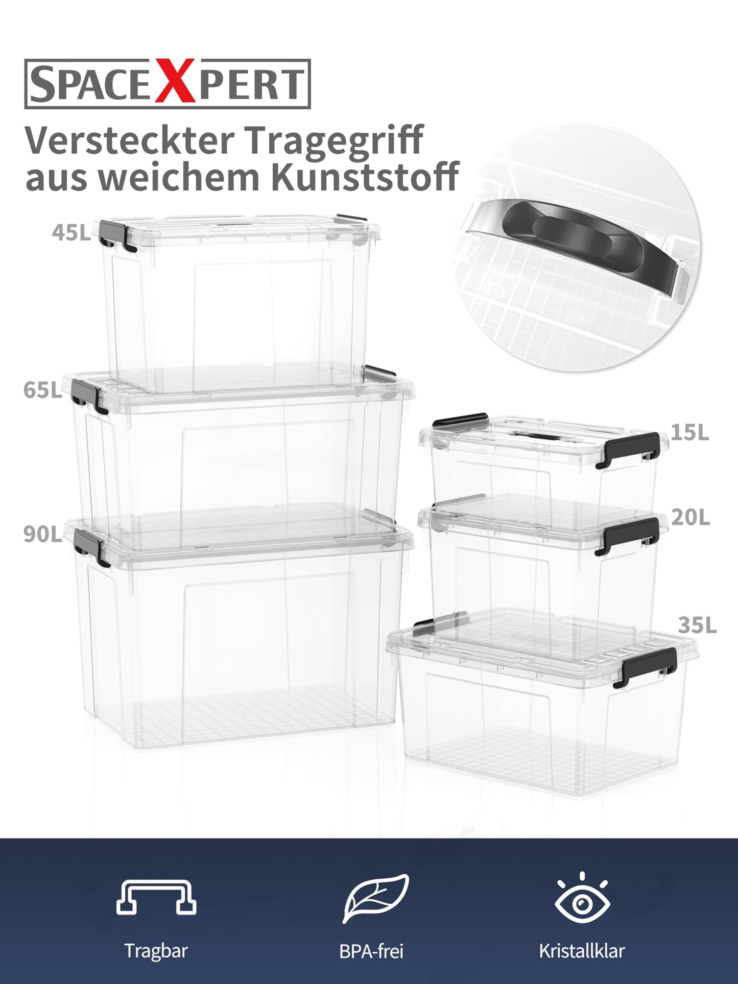 SpaceXpert Storage Boxes with Lid 15L, Plastic Storage Box with Handle, Stackable Container for Home Office Garage Accessories, Hand-Carryable Bin