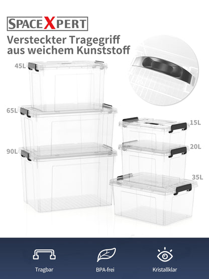 SpaceXpert Storage Boxes with Lid 15L, Plastic Storage Box with Handle, Stackable Container for Home Office Garage Accessories, Hand-Carryable Bin
