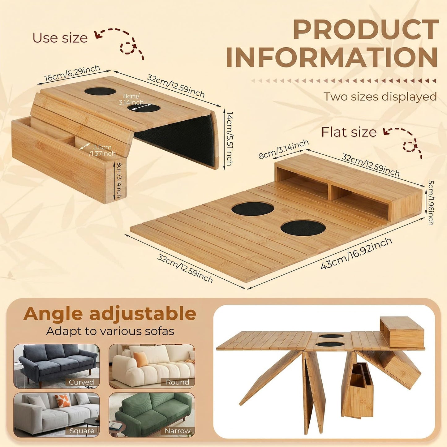 Solvio Bamboo Sofa Arm Tray with Cup Holder, Foldable Couch Arm Table with Anti-Slip Base, Wooden Armrest Organizer for Drinks, Snacks