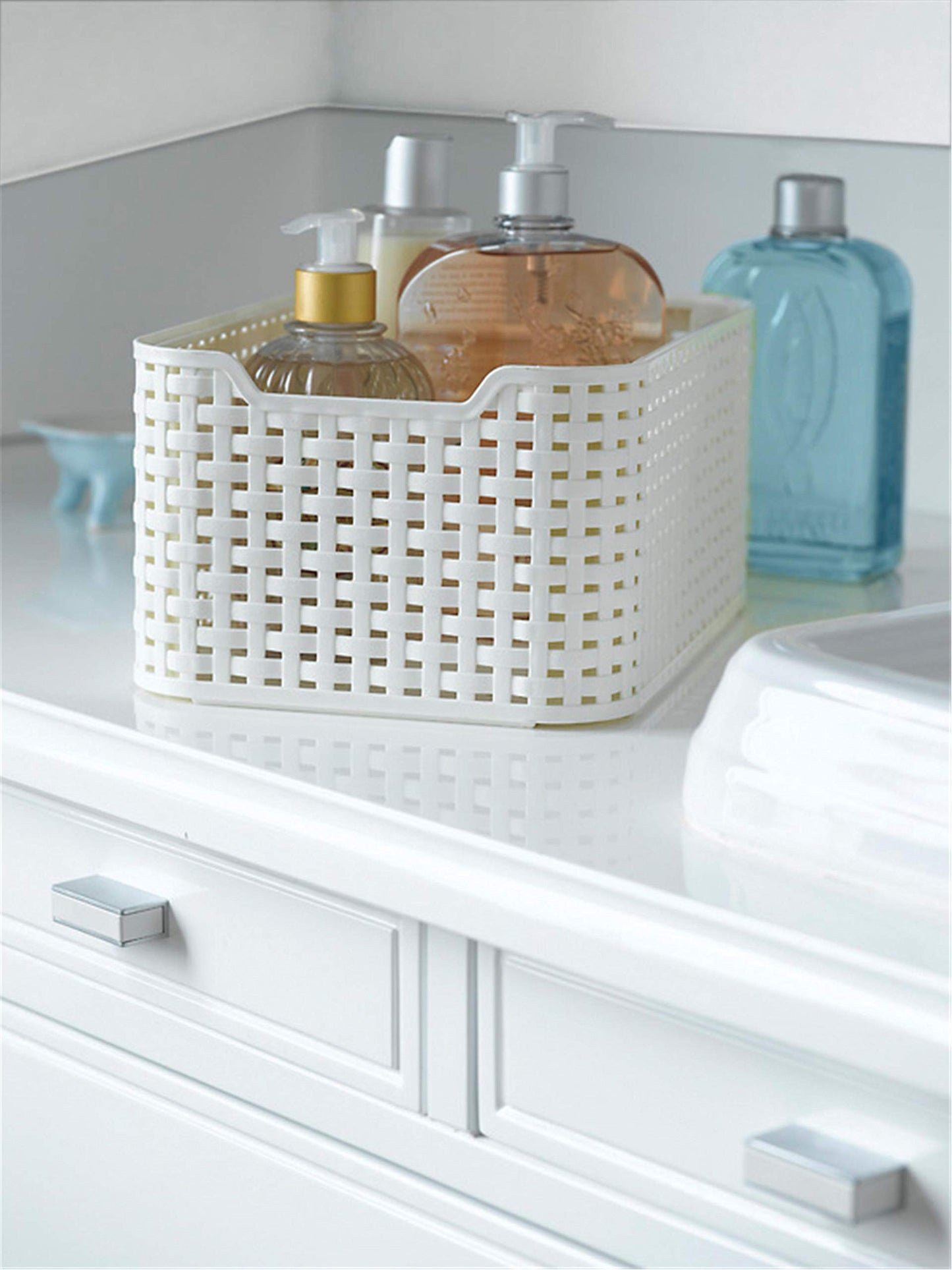 CURVER Style Rattan Effect Kitchen, Living room, Bathroom, Bedroom, Utility Small Rectangular Storage Basket 6 Litres - White