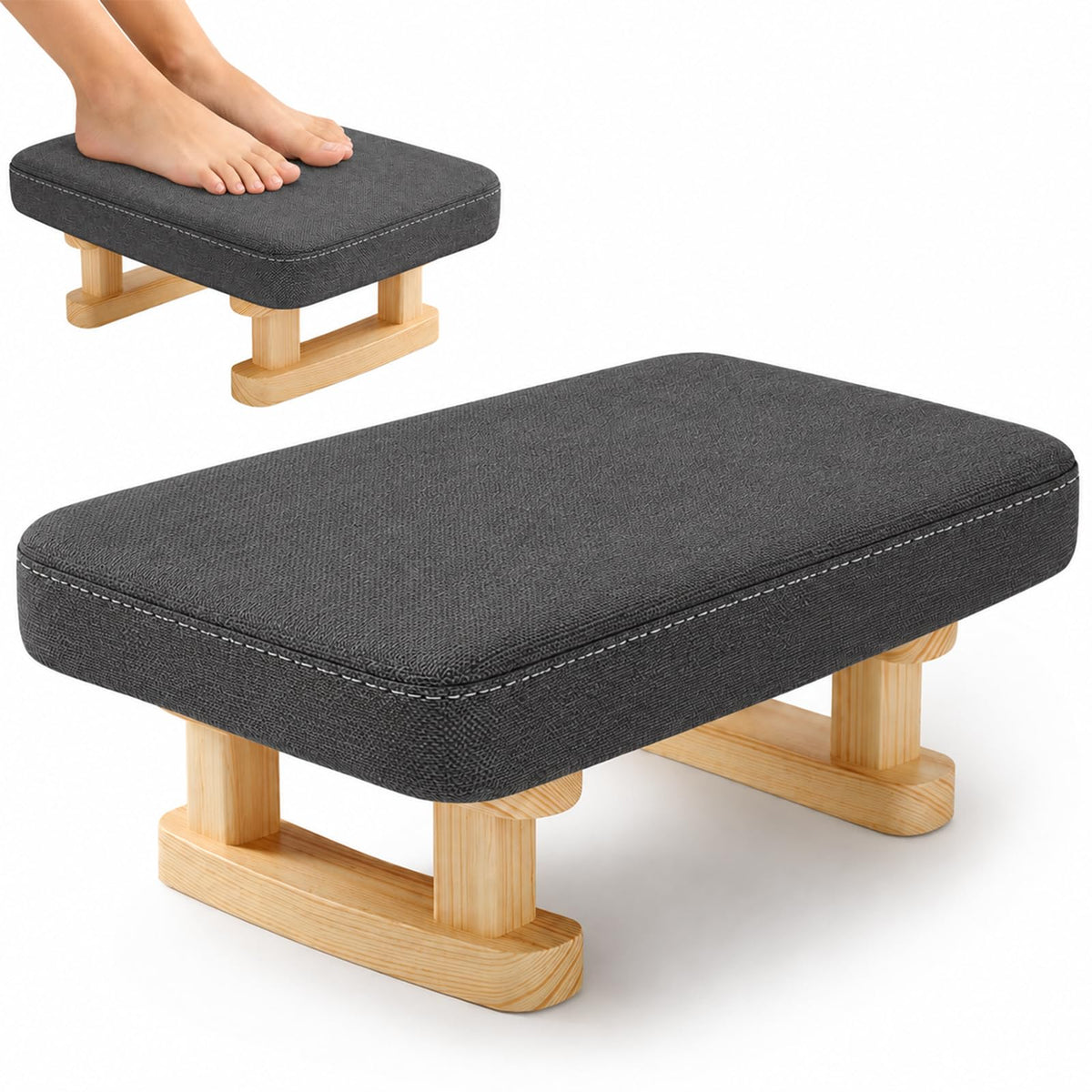 Ottoman Footstool with Wooden Legs , 41x30x18cm Pouffe Footrest with Removable Washable Cover, Solid Wood Legs Anti-Slip