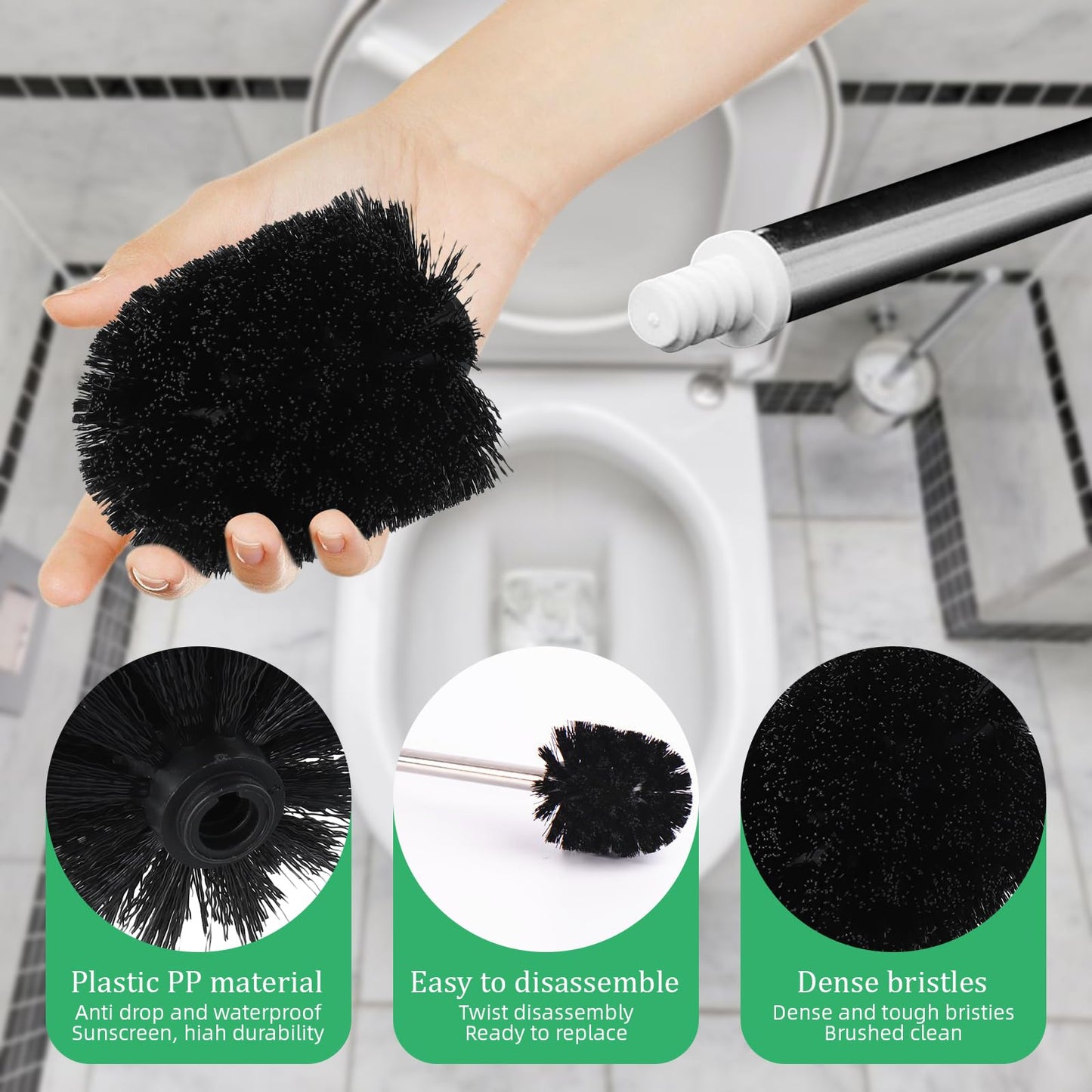 4pcs Toilet Brush Replacement Heads – Black Antibacterial, Durable PP Plastic, 12mm Screw-On Design for Easy Installation