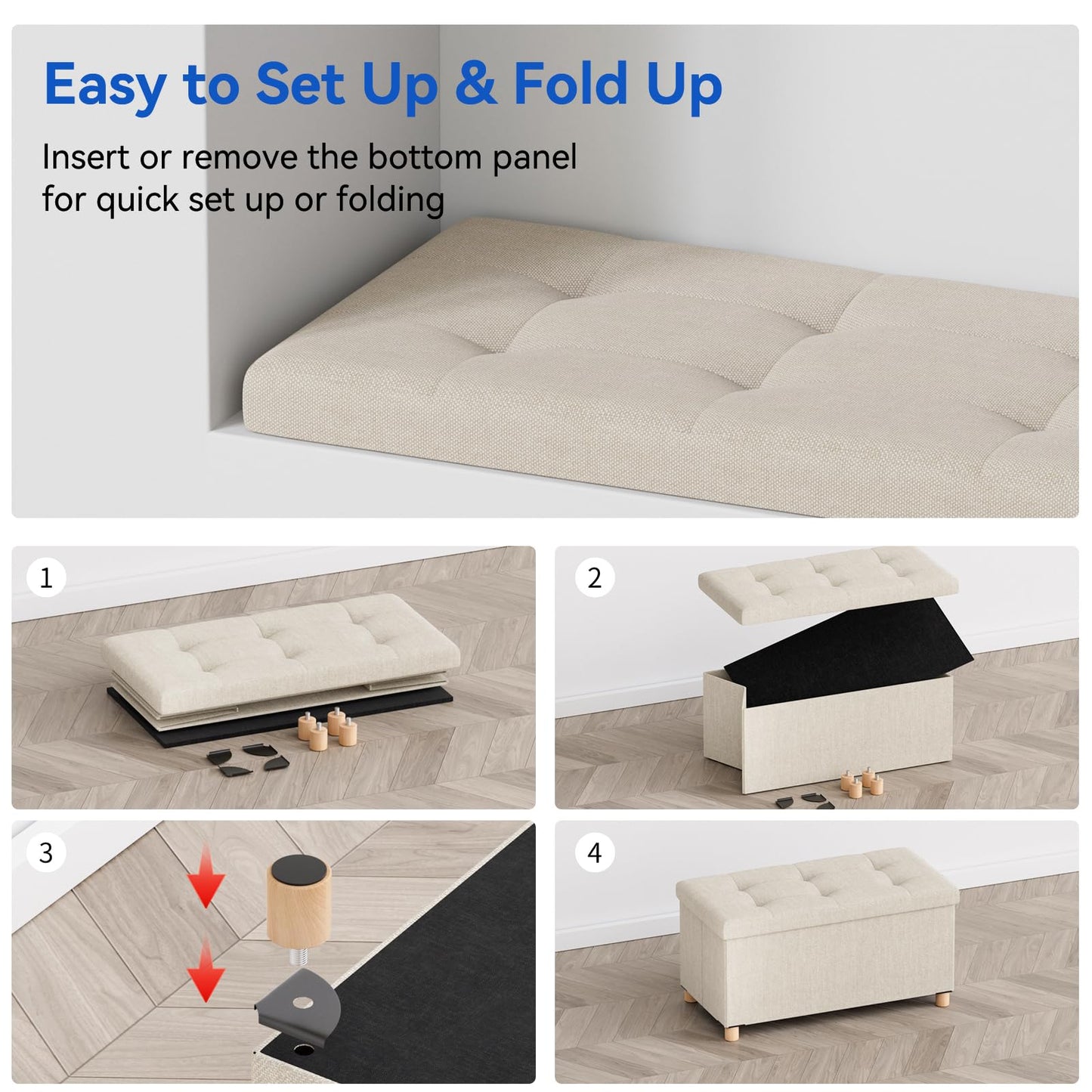 BRIAN & DANY Ottoman Storage Box with 4 Wood Legs, Linen Storage Ottoman for Living Room, Beige, 76 x 38 x 38 cm