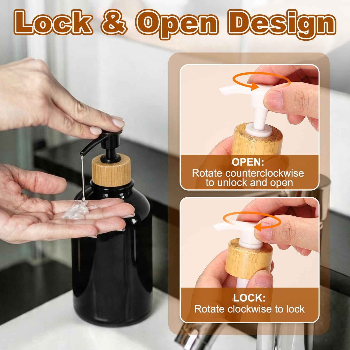 sourcing map 500ml/17 Oz Hand Soap Dispenser Dish Soap Dispenser Bottle with Holder Bamboo Pump for Bathroom Kitchen Modern Home Farmhouse Decor