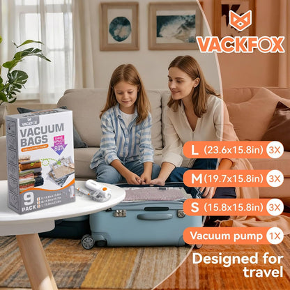 VACKFOX Travel Vacuum Bags with USB & TYPE C Pump, 9 Pack Carry-On Vacuum Storage Bags for Luggage & Suitcase, Vacuum Luggage Bags