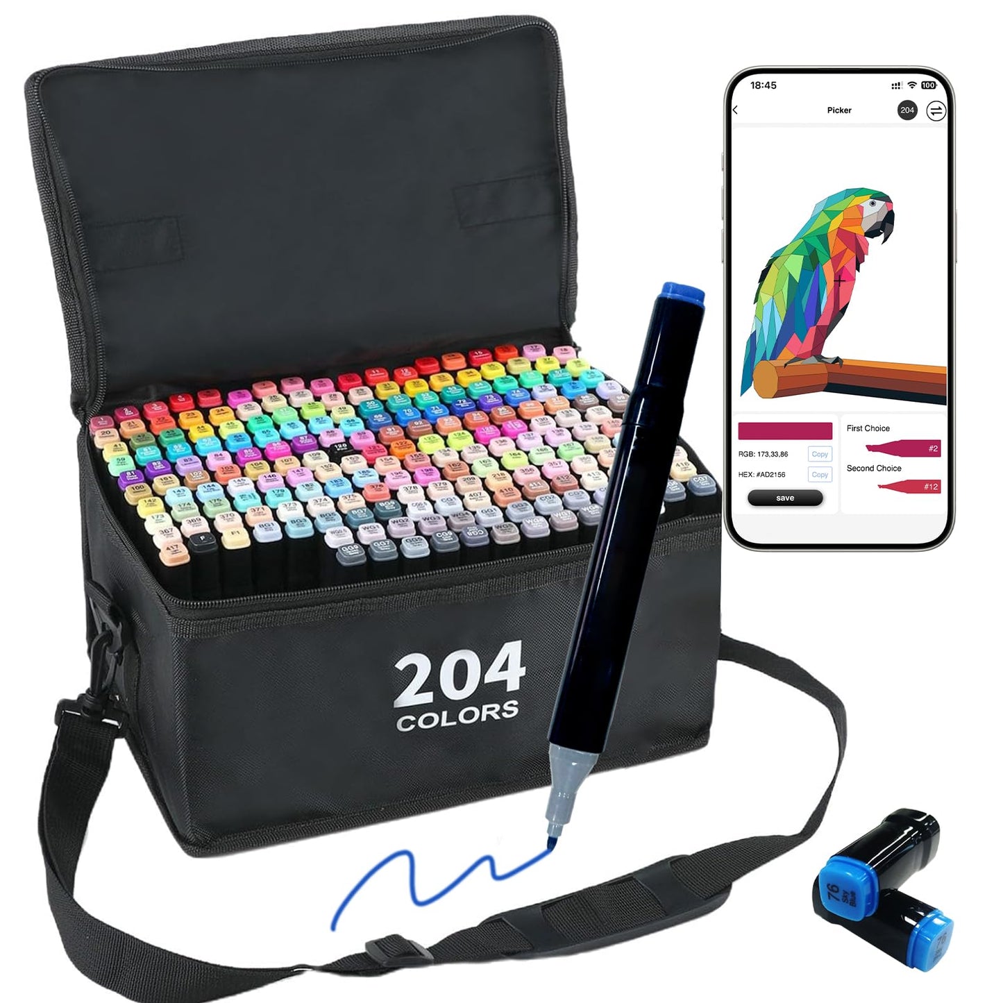 Vokiuler 204 Colours Alcohol Pens Set, Art Markers with APP, Dual Tips Artists Marker Chisel & Fine Gift for Stundent Adult Drawing Colouring