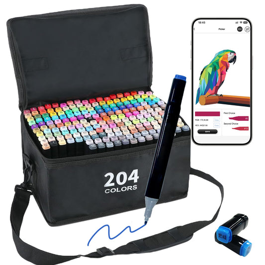 Vokiuler 204 Colours Alcohol Pens Set, Art Markers with APP, Dual Tips Artists Marker Chisel & Fine Gift for Stundent Adult Drawing Colouring
