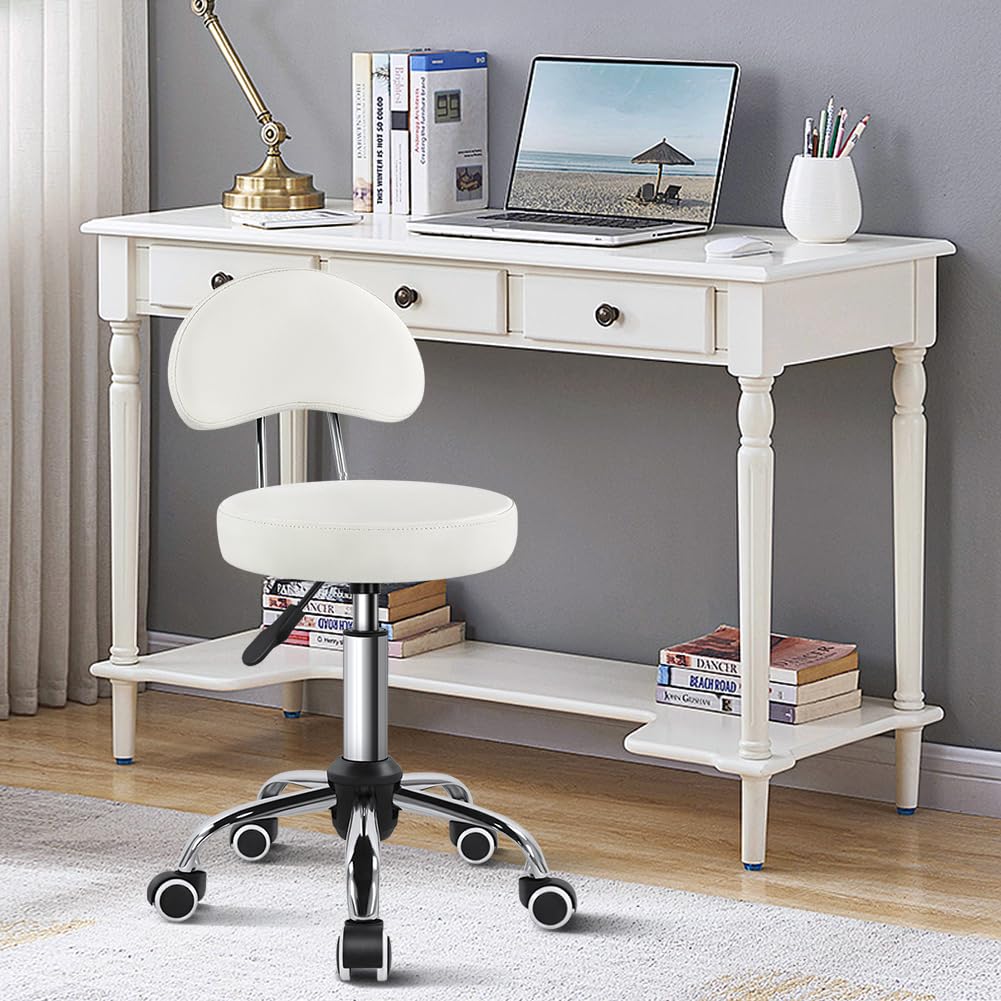 KKTONER Rolling Stool with Mid Back Height Adjustable Chair PU Leather Swivel Chair with Wheels for Office Home Task Drafting (White)