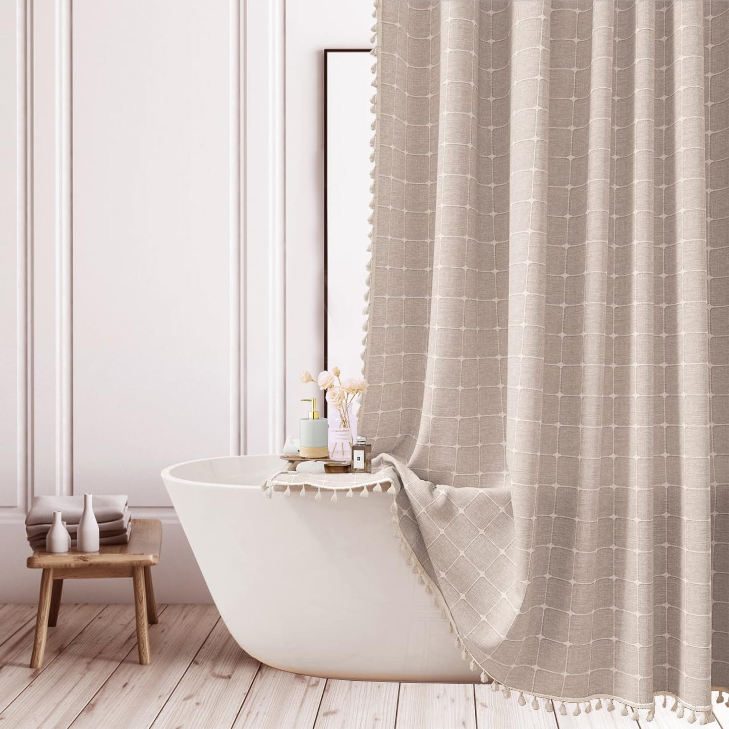 ggaimwf Farmhouse Brown Shower Curtain Modern Bohemian Long Shower Curtains for Bathroom Linen Fabric Wrinkle Free Thick Bathroom Curtain Set with
