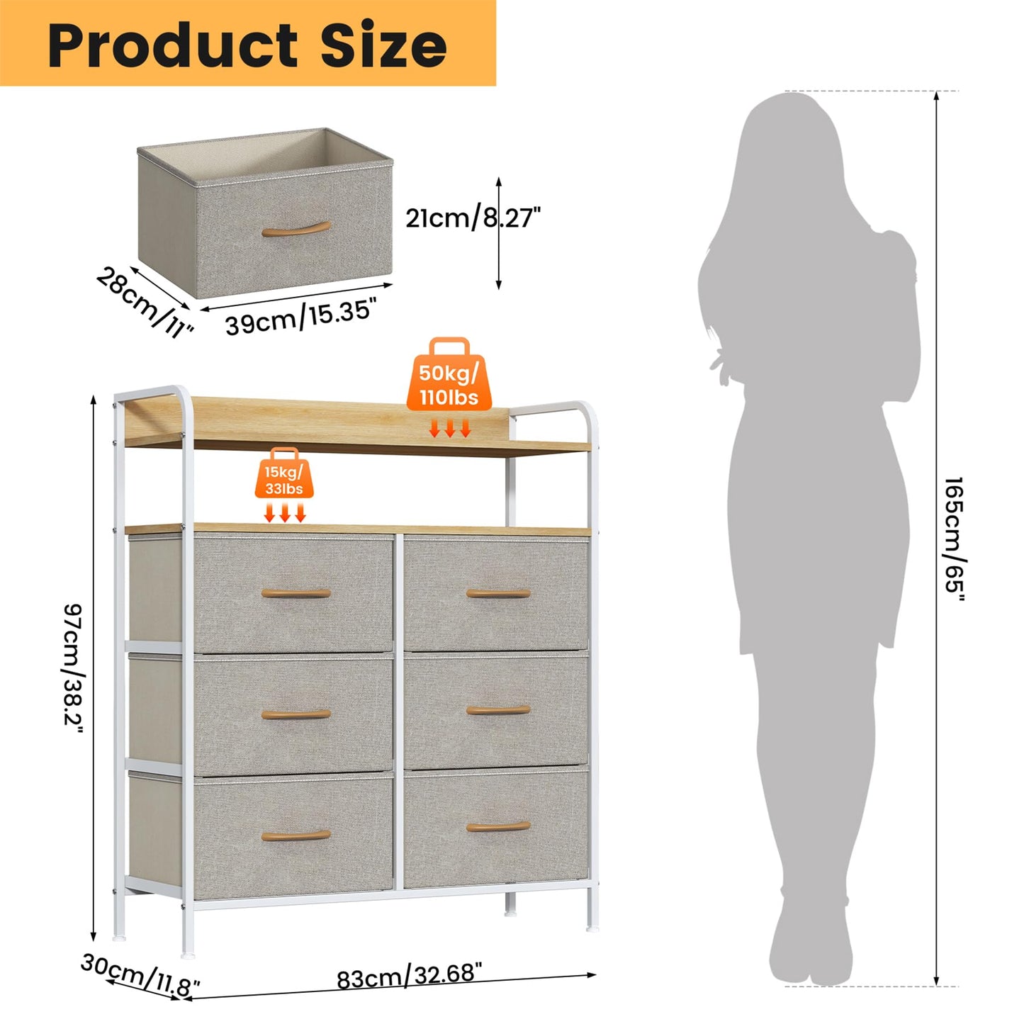 Feonase 6 Drawer Fabric Chest Of Drawers, Double Wooden Top Fabric Storage Tower - Sturdy Steel Frame Dresser for Bedroom/Living Room/Baby Room