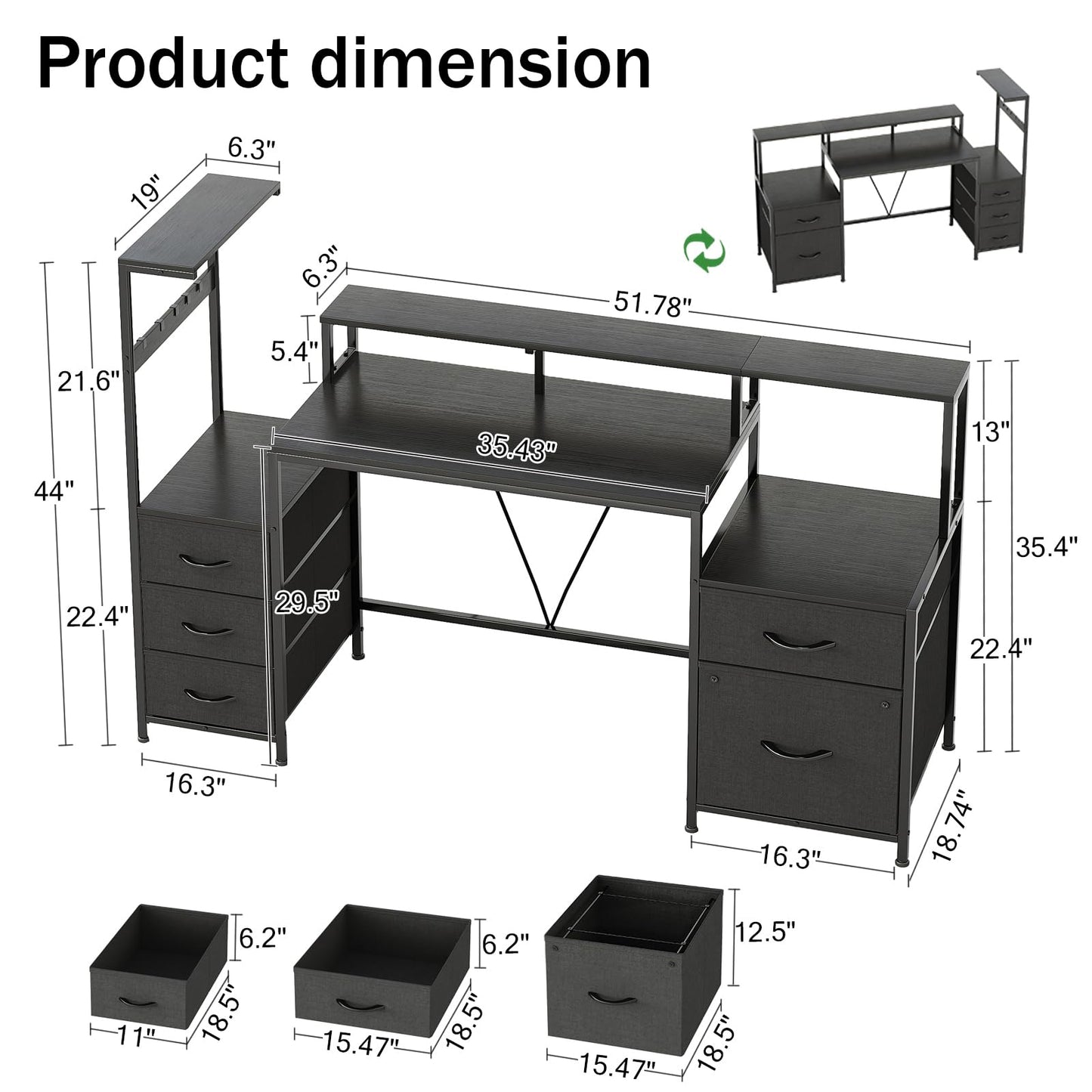 MUTUN 160cm Computer Desk with Printer Stand and Storage Shelves, Reversible Home Office Desk with Fabric Drawers and Monitor Shelf