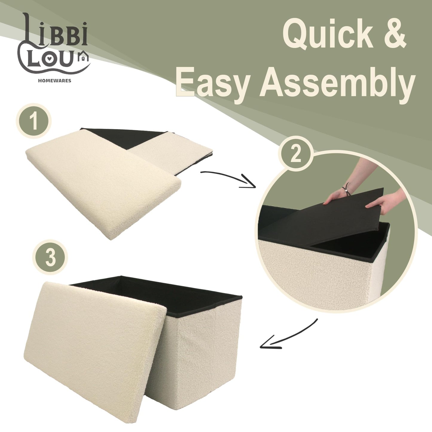 Libbi Lou White Teddy Boucle Foldable Footstool/Ottoman Storage Box | 76 x 38 x 38 cm |Ottoman for Home, Office or Bedroom | Store up to 40kg