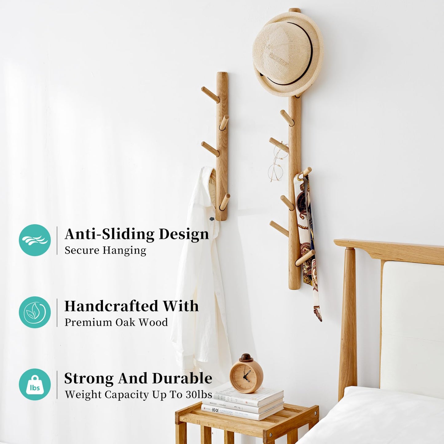 TREOAKWIS Vertical Coat Rack 40cm, Wood Hat Rack Wall Mounted with 4 Hooks