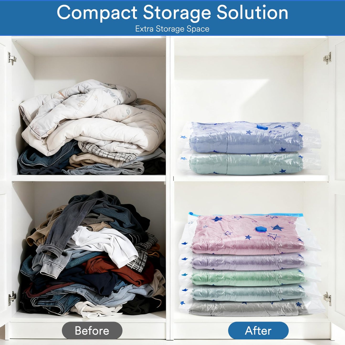 AIyvisun 6pcs Vacuum Storage Bags with Hand Pump, Vacuum Pack Bags for Clothes Multiple Sizes(2M+2L+2Jumbo)