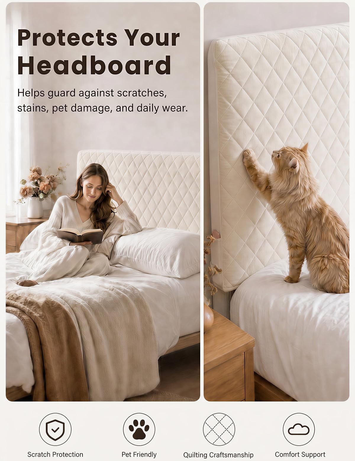 Bed Headboard Cover Superking, Quilted Thicken Protector Beige, 200x70cm