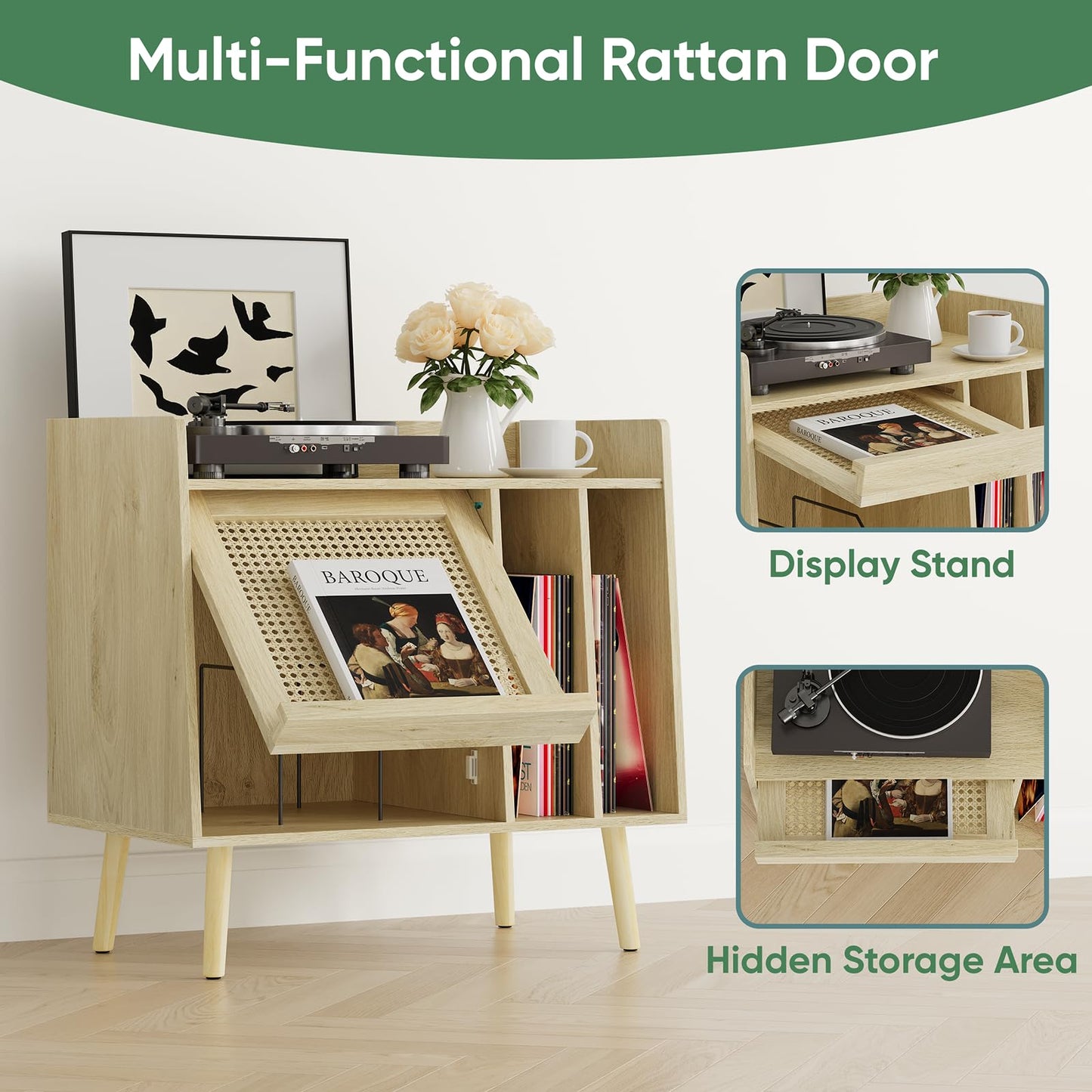 Kiasthome Record Player Stand, Vinyl Record Storage Cabinet Up to 150 Albums, Mid-Century Modern Turntable Side Table with Rattan Door & Solid Wood