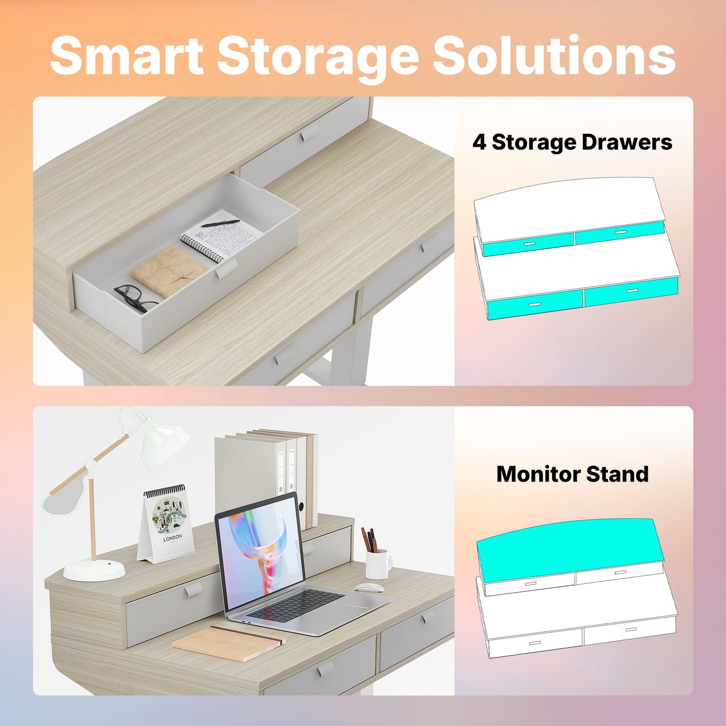 HUANUO Standing Desk with Drawers, 80x53cm, Natural