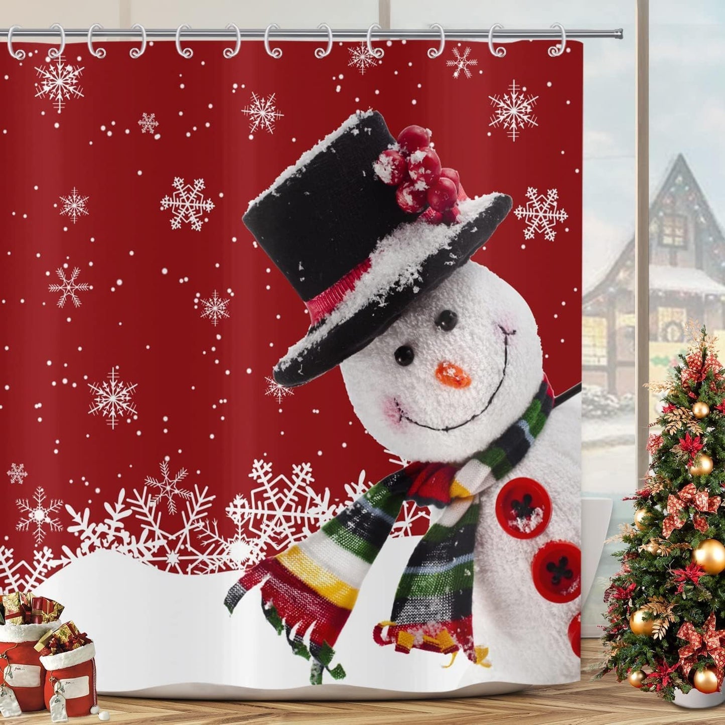 GCIREC Christmas Snowman Shower Curtain, Red Funny Christmas Snowman White Snowflake New Year Winter Bathroom Curtain Home Xmas Decor Waterproof