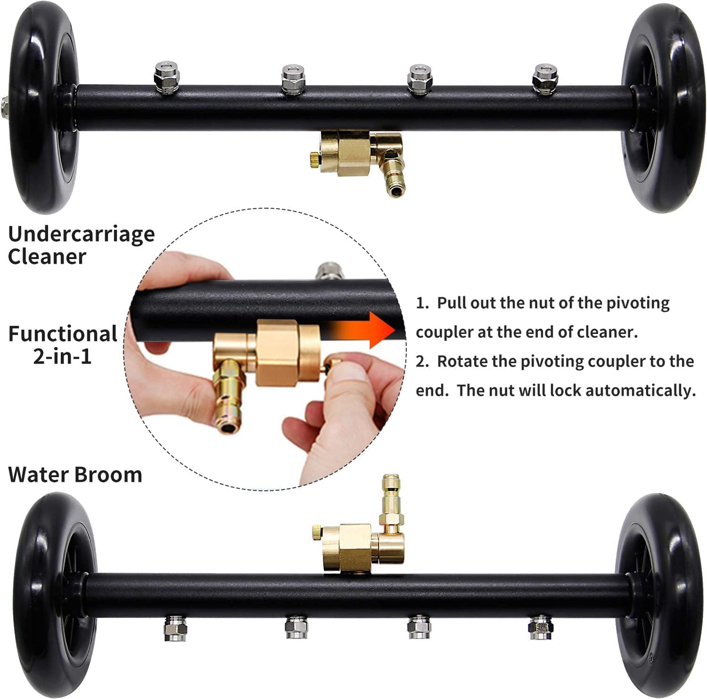 YUET 2-in-1 Pressure Washer Undercarriage Cleaner Water Broom, 16" Surface Cleaner Power Washer Attachment with 4 Nozzles 3 Extension Rods and QC