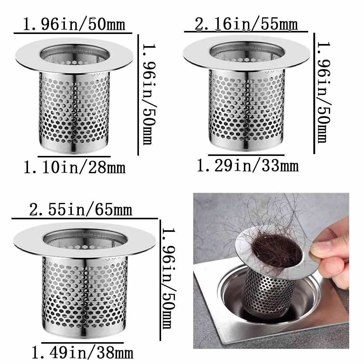 6 PCS Hair Catcher Shower Drain Cover Sink Strainer Stainless Steel Bathroom Drain Strainers Long Cylinder Tub Mesh Strainer Slop Sink Broken Hair