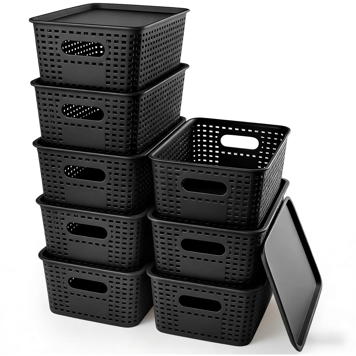8 Pack Plastic Storage Basket with Lids, Stackable Storage Bins Containers, Decorative Storage Boxes Bulk for Organizing Shelves, Bathroom, Classroom