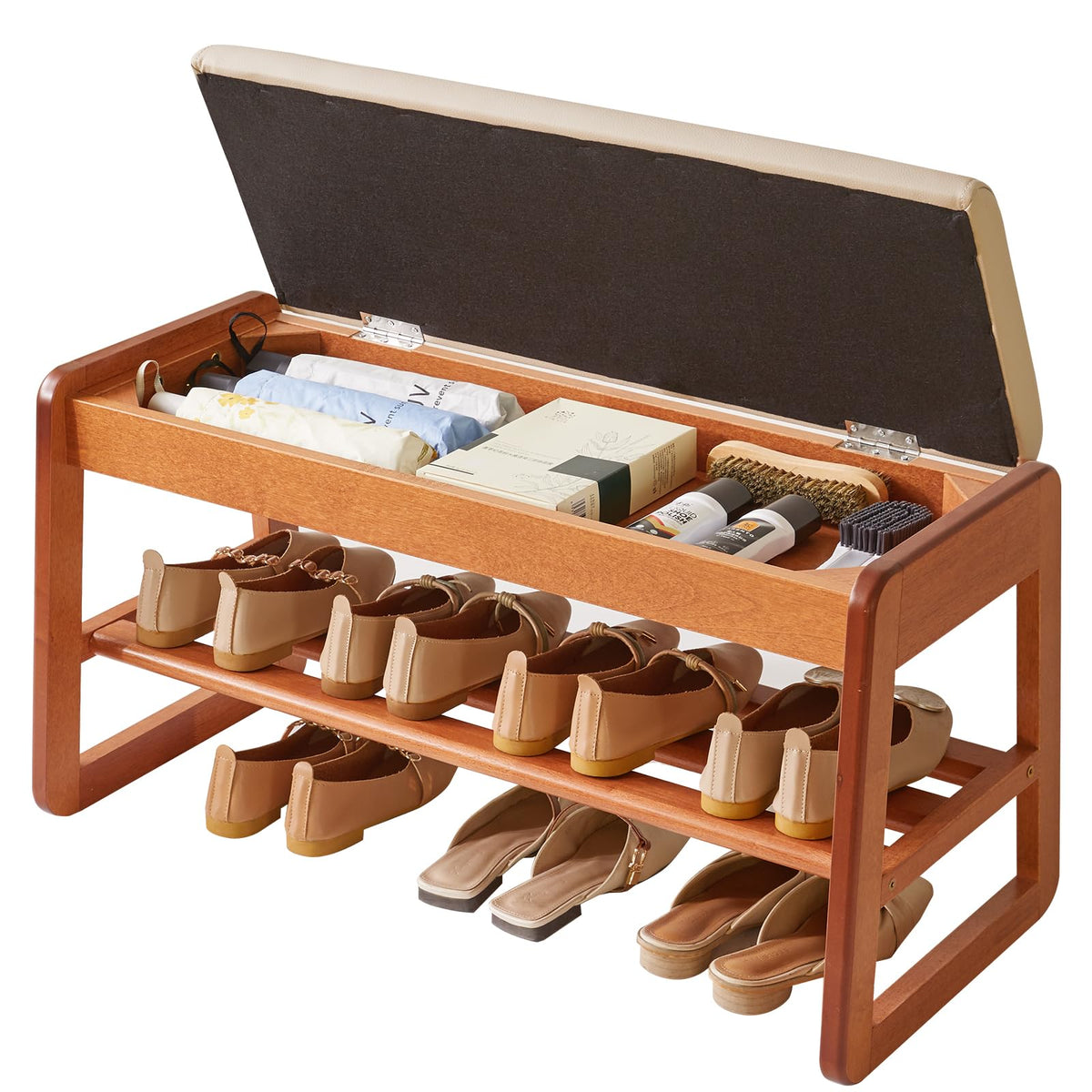 Aibiju Wood Shoe Storage Bench with Flip-Top Storage, 2-Tier Entryway Shoe Bench, 31.5in Shoe Rack with Cushion for Living Room, Hallway, Bedroom