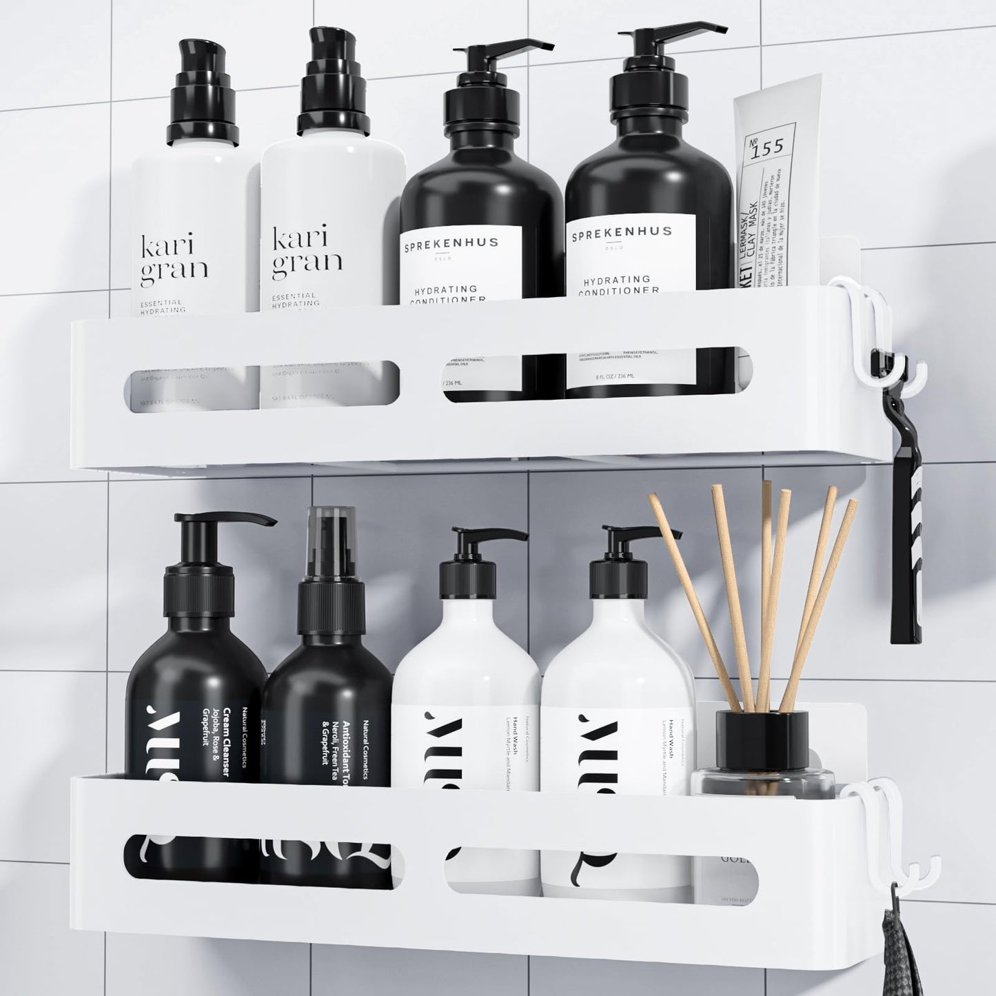 Kitsure Shower Storage - 2-Pack, No Drilling Shower Shelf with Large Capacity, Self-Adhesive Shower Caddy with 4 Removable Hooks, White