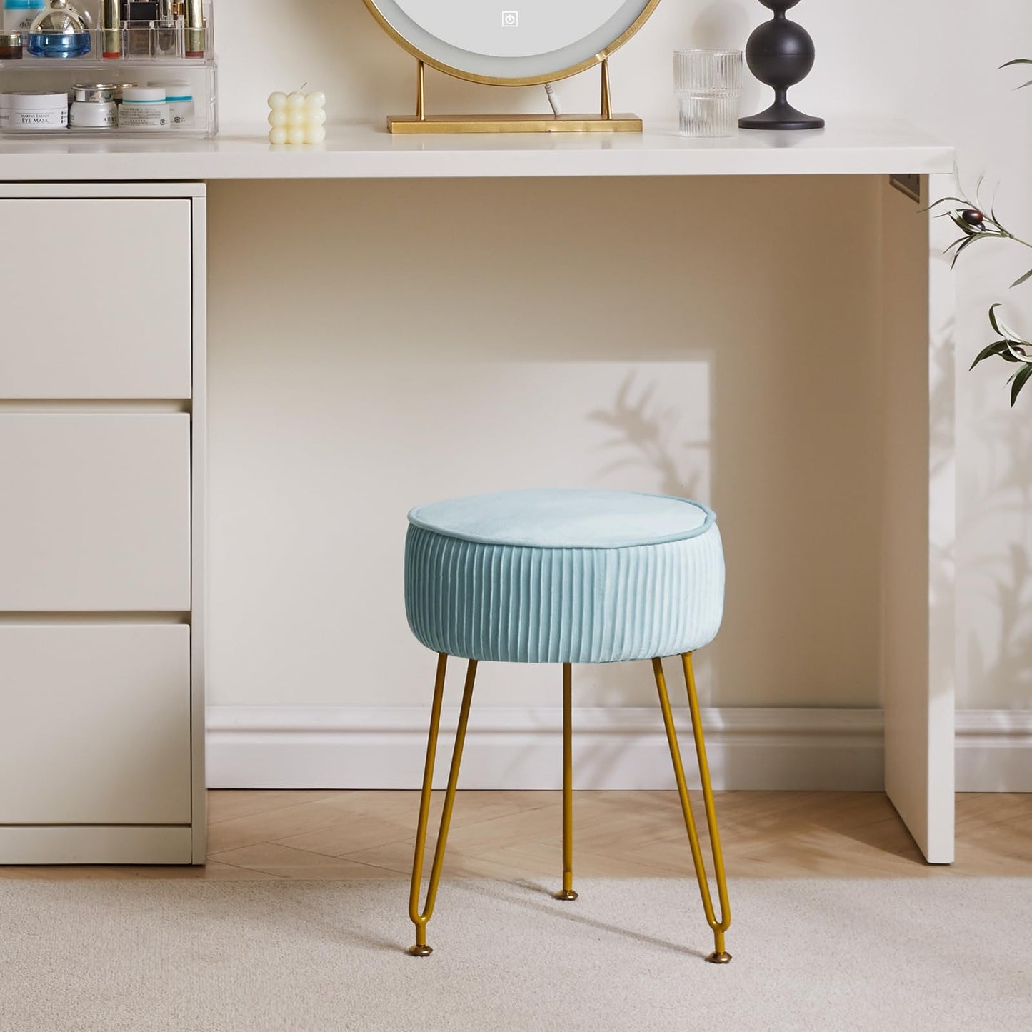 IBUYKE Makeup Vanity Stool, Velvet Round Footrest Ottoman, Blue L/G-30H