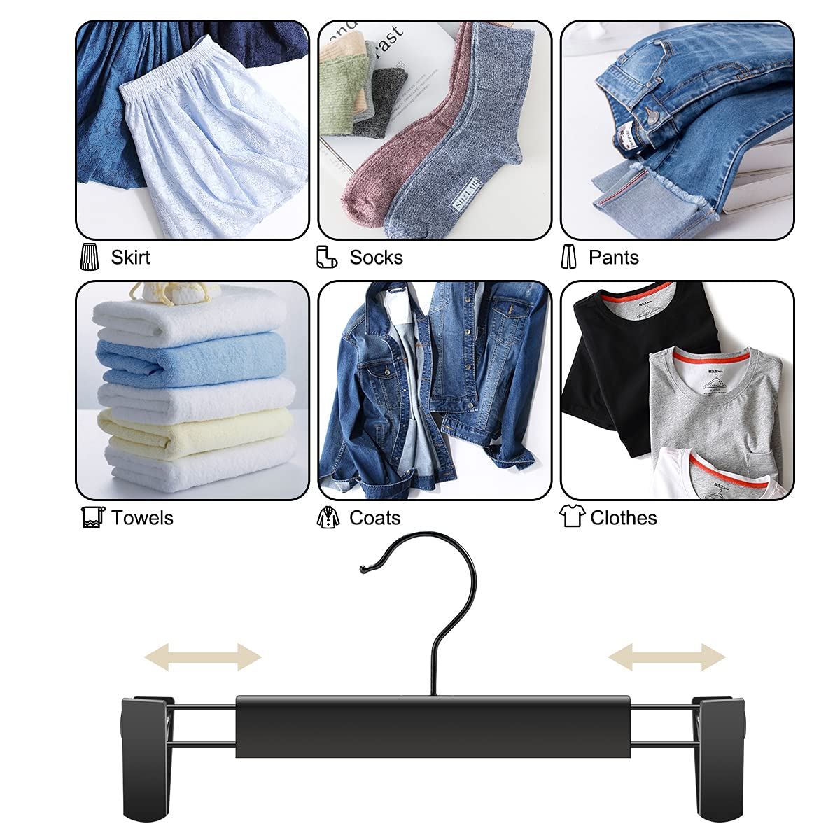 GUANJUNE Clothes Pants Hangers, Space-Saving Skirt Holders with 360 ° Swivel Hooks, Adjustable Clips, Trouser Hangers