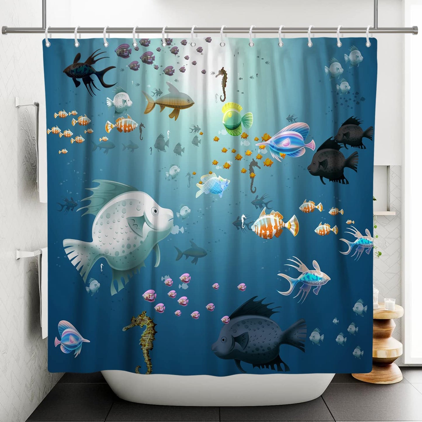 SDOTPMT 140x183cm Cartoon Fish Shower Curtain Colorful Tropical Fishes Hippocampus Marine Animal Bath Curtain Blue Ocean Bathtub Curtain for Bathroom