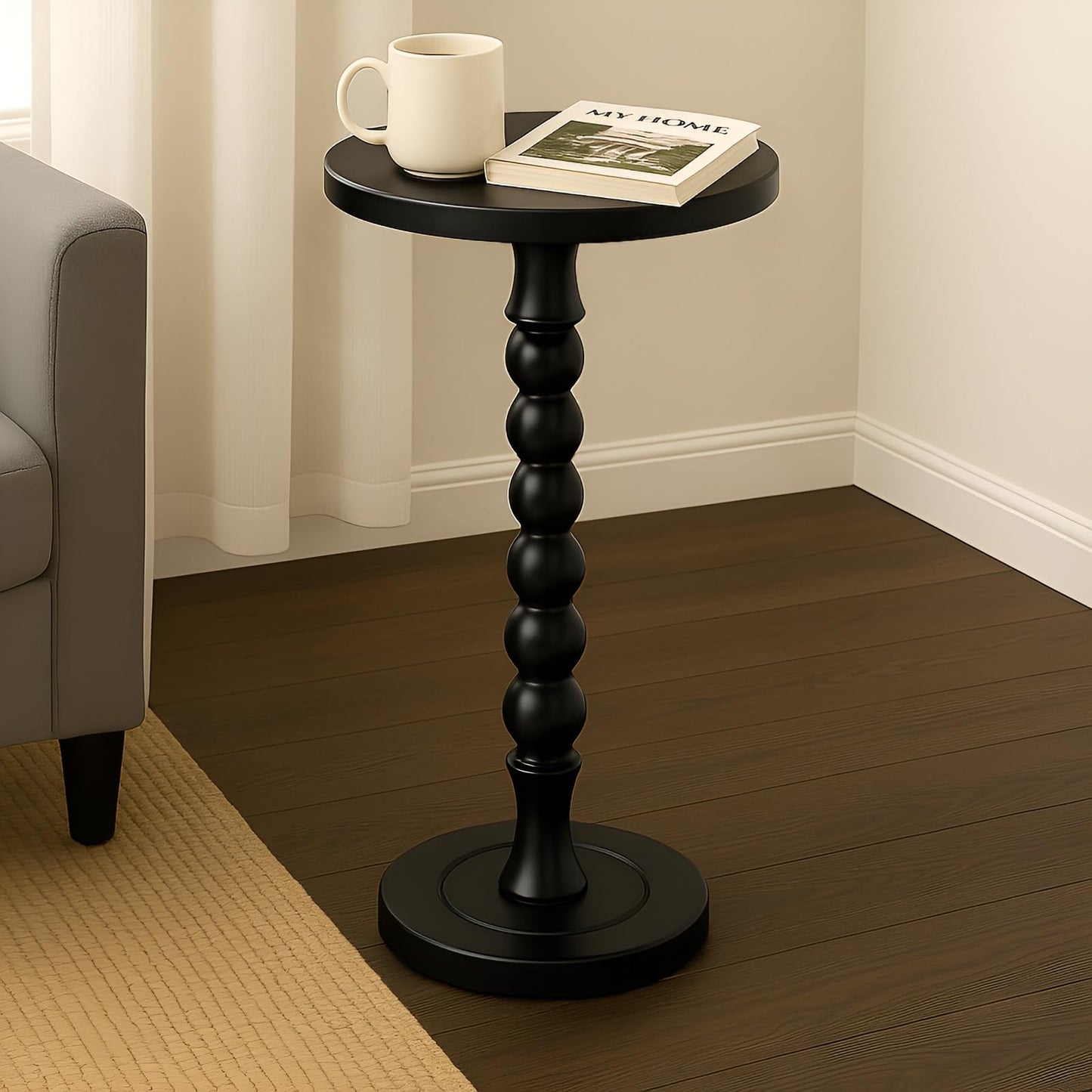Lampaggio Round Side Table for Small Spaces, Drink Table with Oak Wood Pedestal, Modern End Table Nightstand for Living Room, Bedroom, Office