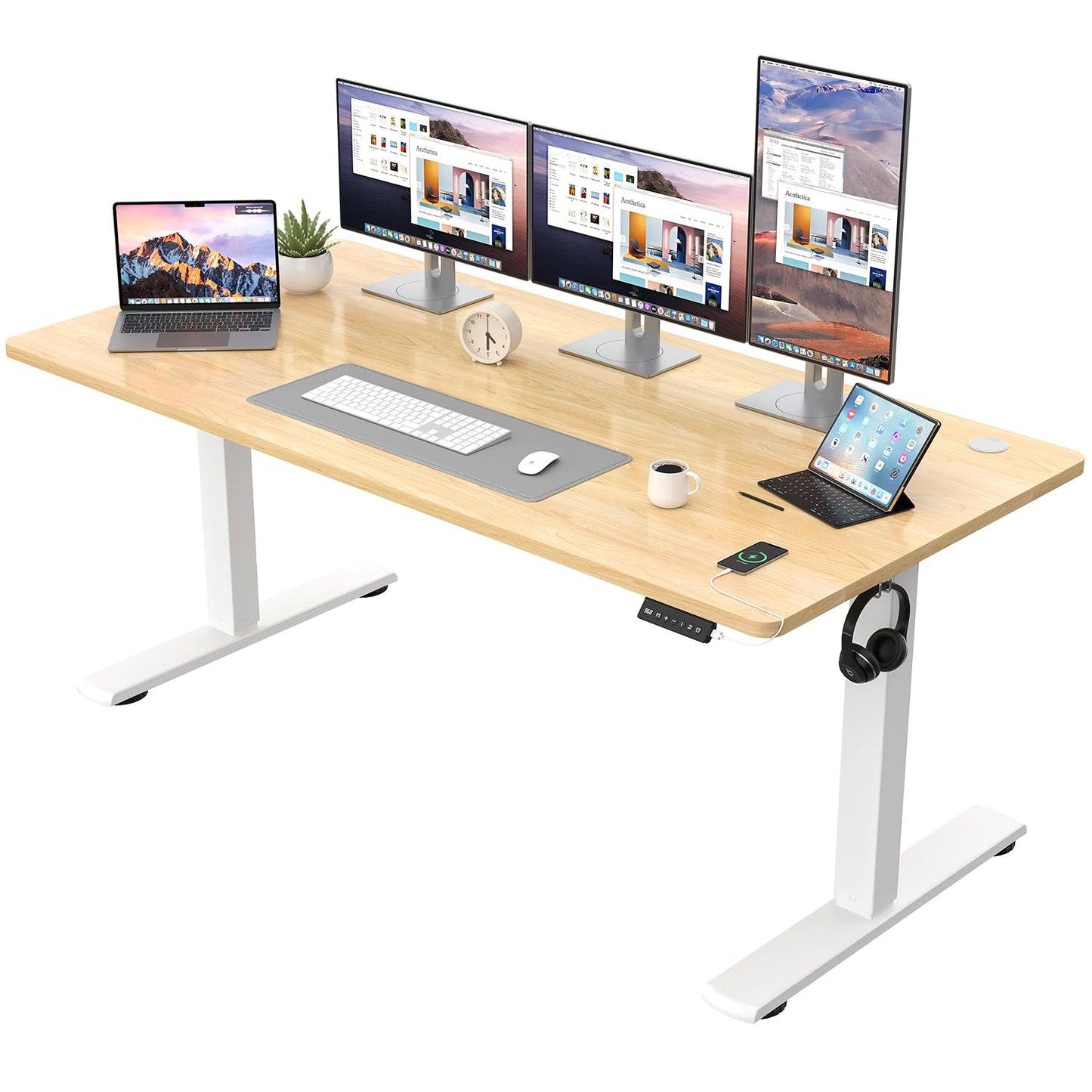 JUMMICO Height Adjustable Desk COMPLETE TABLE TOP Electric Desk Height Adjustable with Memory Function Standing Desk Computer Desk 160 x 60 cm, Beige