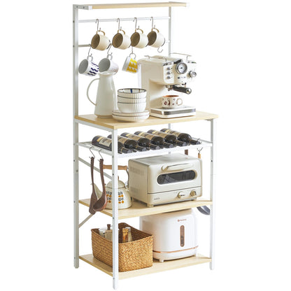 YMYNY Kitchen Baker's Rack, Microwave Oven Stand with Storage Shelves, Industrial Coffee Bar Station, with Adjustable Wine Holders and S-Hooks, Metal