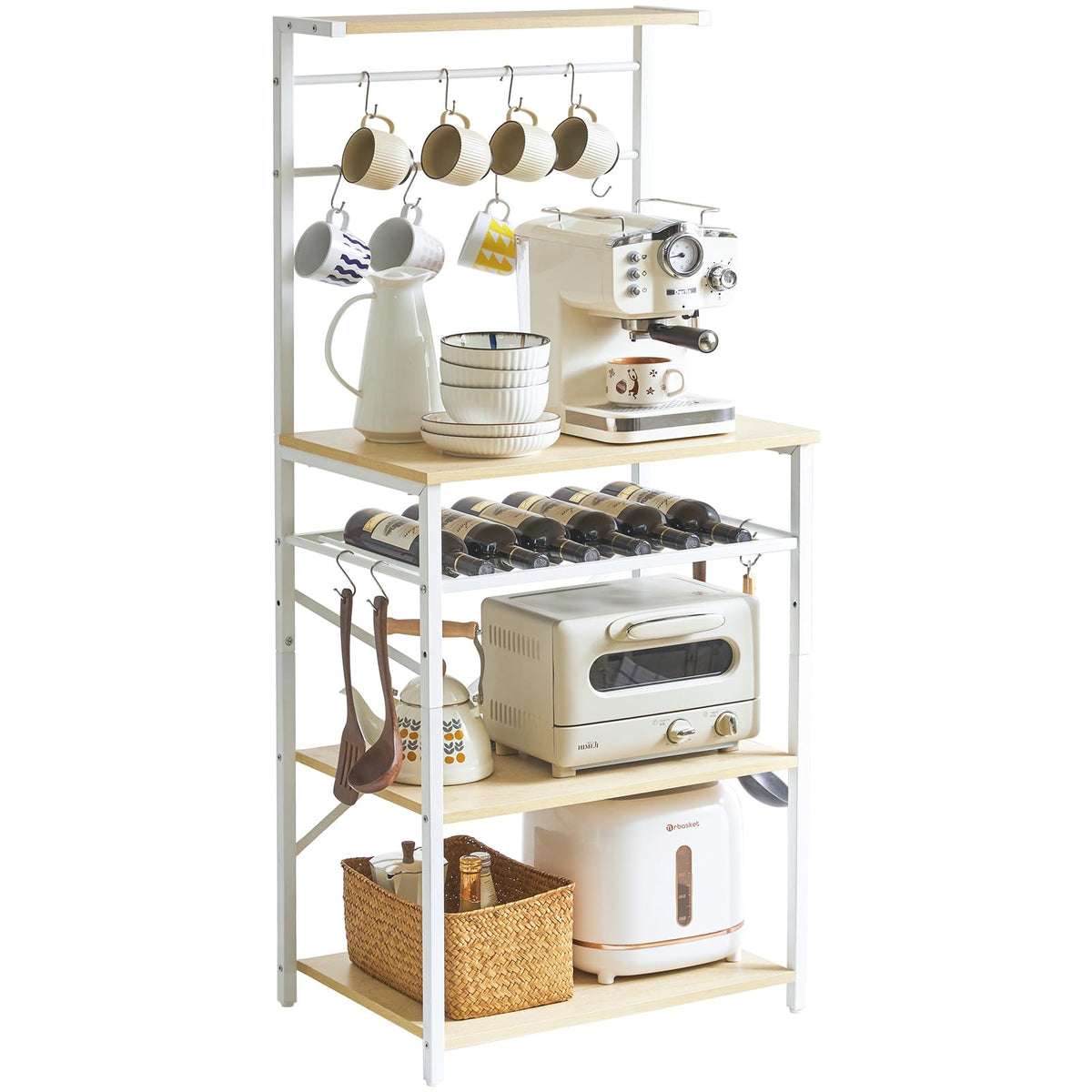 YMYNY Kitchen Baker's Rack, Microwave Oven Stand with Storage Shelves, Industrial Coffee Bar Station, with Adjustable Wine Holders and S-Hooks