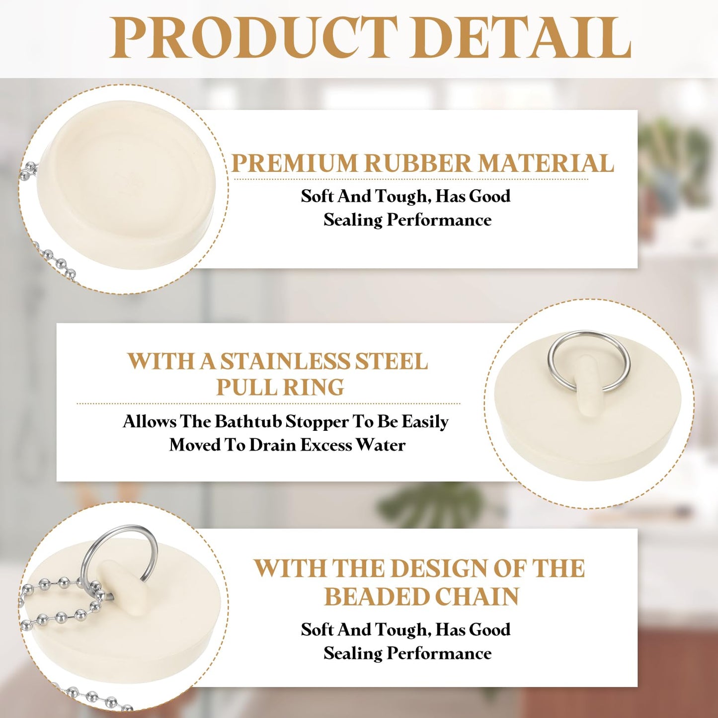 PATIKIL Tub Drain Stopper, 3Pcs for 1-7/8" Rubber Bath Tub Drain Sink Stopper with Pull Ring Stainless Steel Beaded Chain for Kitchen Sink Bathroom